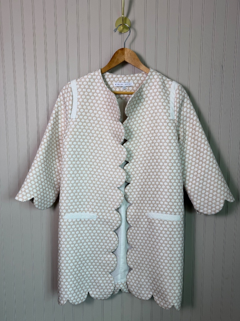 English Factory, Scallop Edge, Geometric Jacquard Jacket, Size S, Cream Taupe